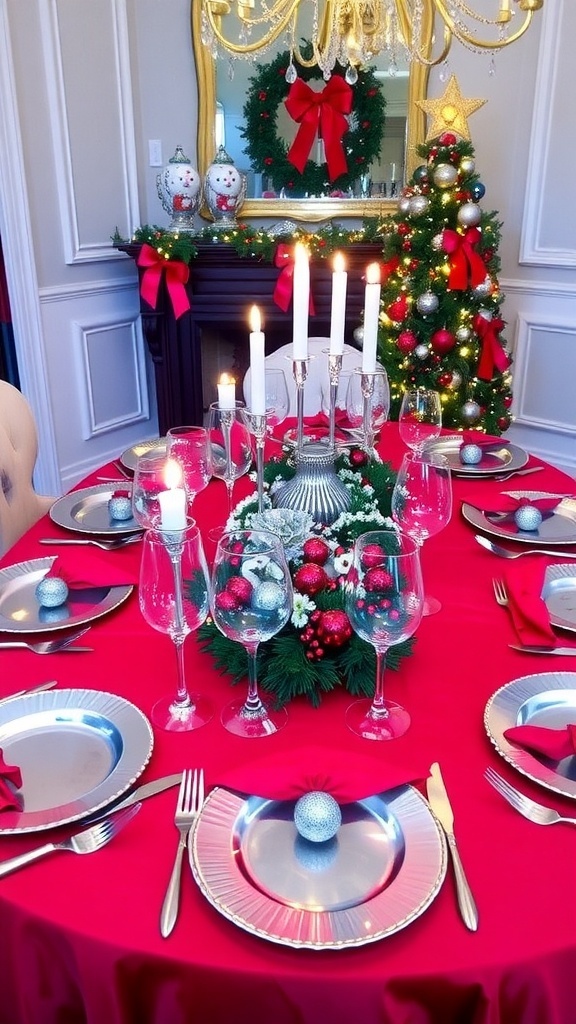 Christmas table setting with red tablecloth, silver dinnerware, and festive decorations.